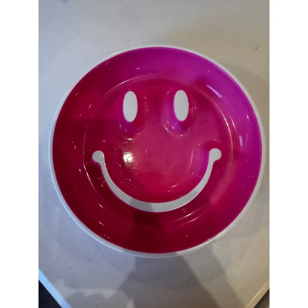 Pink Smiley Face Melamine Plate Kids Snack Dish Retro Happy Face Decor